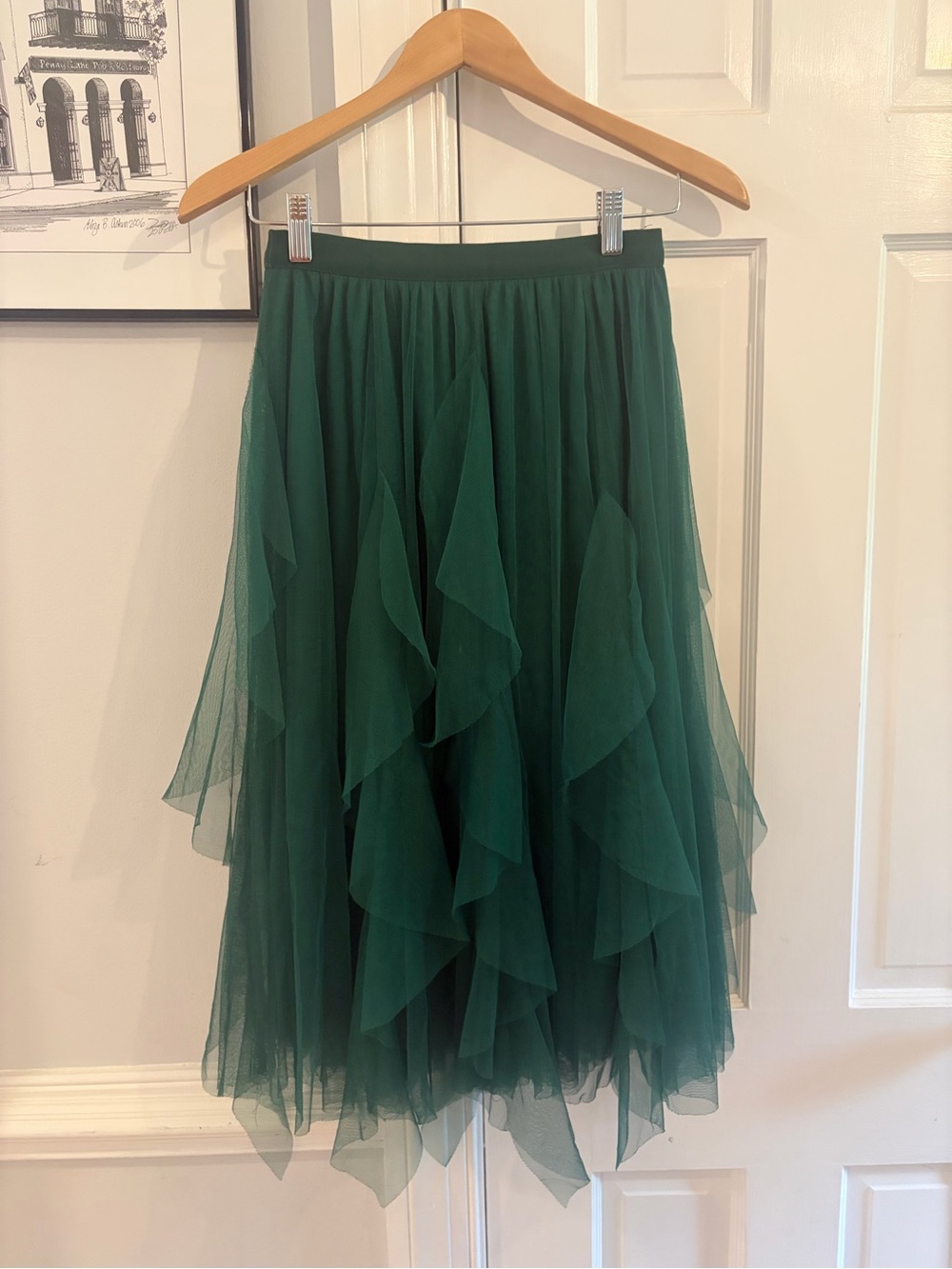 Emerald green ruffled tulle midi skirt
